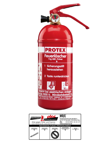 Protex Feuerlöscher PDE 1 GA Auto, 1 kg, Manometer mit Kfz-Halterung u. Plakette